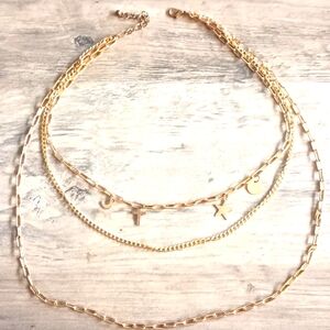 Vtg Three 3 Strand Fashion Necklace Gold Tone Moon Star Circle Cross READ